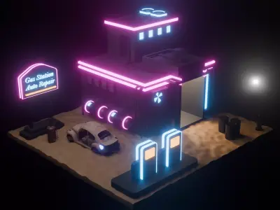 Cyberpunk Stylized Gas Station Building 3D model Low-poly 3D model