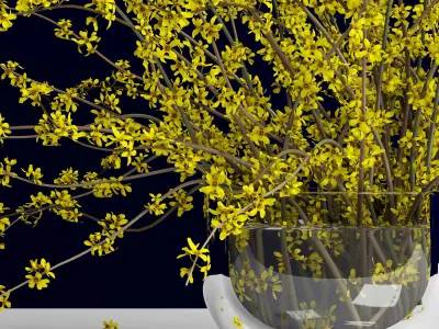 Bouquet of forsythia bush branches in glass vase 3D model