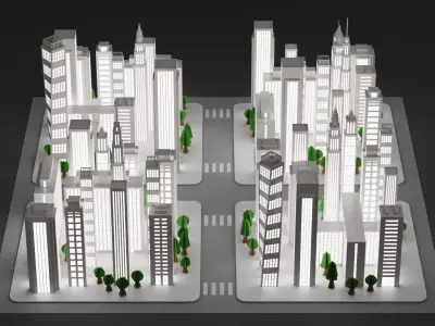 Paper City Block with Streets - Night Town Low-poly 3D model