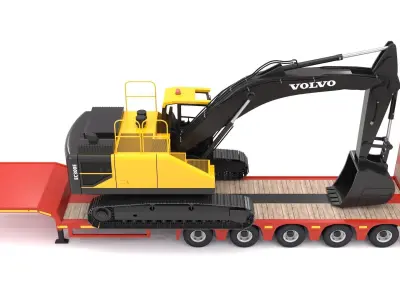Lowboy Trailer with Excavator Volvo EC300E 3D model