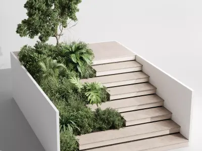 Entrance and exit stairs with furniture and garden 03 3D model