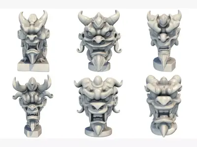 6 Models - Japanese Oni Creature Head Bust Sculpture 3D Model Collection