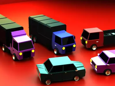 lowpoly set of toy trucks 3D model