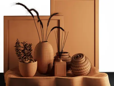 3dasset natural wood and wheat decorative set 3D model