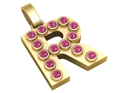 R Initial Gold Pendant  Ruby Stone Alphabet Necklace  3D print model