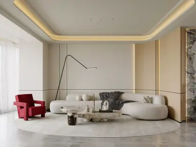 Modern living room dining room and bedroom interior scene 3D model