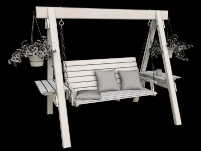 Swings wooden swing with flowers and potted plants 3D model