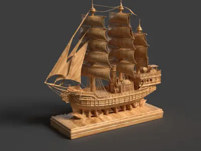  Chinese wooden carving sail ship Low-poly 3D model
