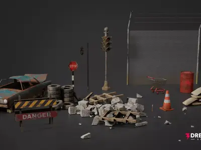 Post-Apocalyptic Road Props Vol 1 - Abandoned Street Low-poly 3D model