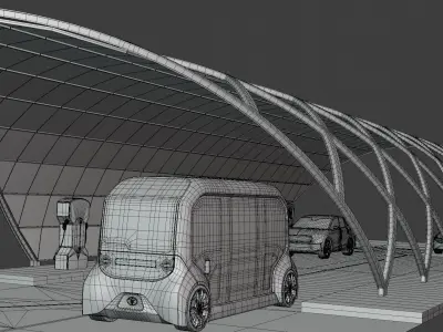 Charging station with cars and minibus II 3D model