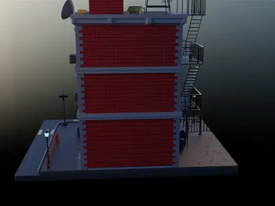 Cartoon building with decoration and street details PBR low-poly Low-poly 3D model
