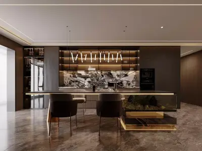 Modern Luxury Kitchen and Dining Space with Wine Display 3D model