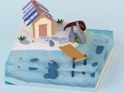 Low Poly Floating Island with Stylized Water  Low-poly 3D model