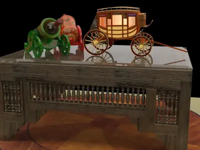 Chinese table with wine bottle and stagecoach 3D model