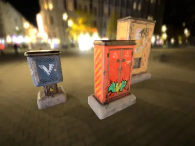 Sci-fi cyberpunk city street electrical boxes Low-poly 3D model
