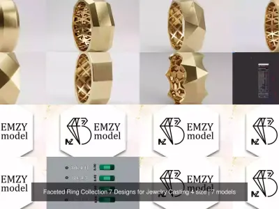 Faceted Ring Collection 7 Designs for Jewelry Casting 4 size 3D Model Pack