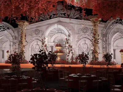 Banquet Hall with Dining Sets and Decorated Scene 3D model