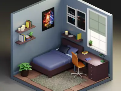 Isometric Bed Room low-poly 3D Model Low-poly 3D model