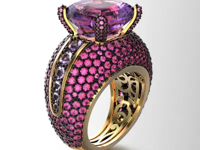 Gold Fashion Ring 3dm STL OBJ FBX with Diamonds and Gems 0081  3D print model