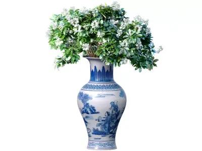 Bouquet of white flowers in a Chinese vase a pot for decoration 3D model