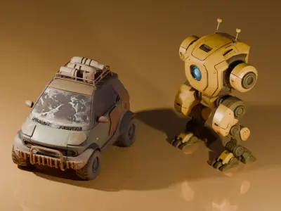 Stylized Explorer Car and Robot Companion Low-poly 3D model