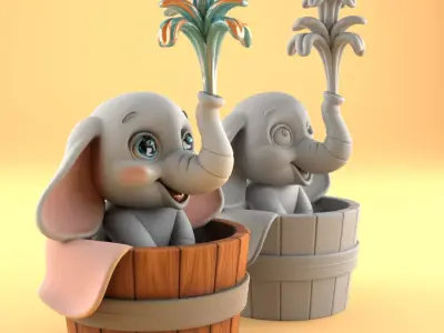 Cute Elephant in Bucket 3D Model STL File 3D print model