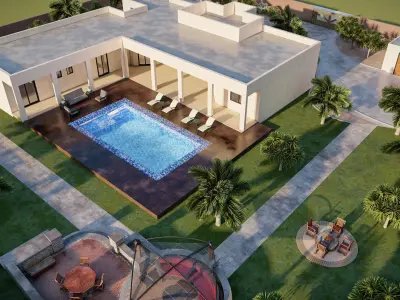 luxury water pool  landscape design of a village house 3D model