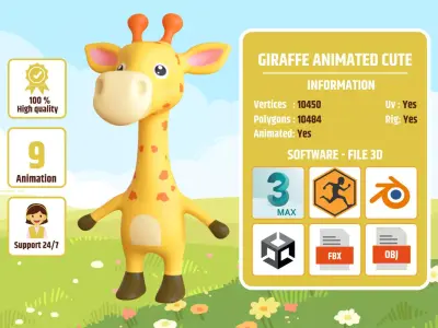 High-Quality 3D Cute Giraffe - Animated for Games Low-poly 3D model