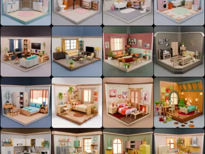 Stylized Isometric Home Rooms Pack 16 Rooms Low-poly 3D model