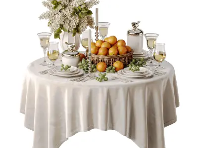 Elegant Dining Table with White Lilac Flowers and Fruit Basket 3D model