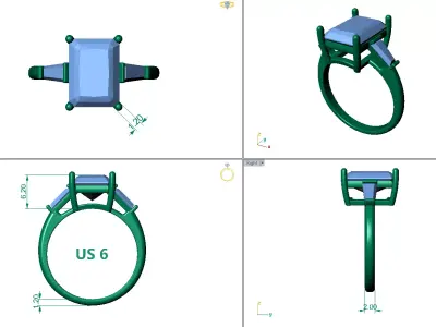 5ct Radiant Cut and Baguette 3 Stone Gold Engagement Ring 3D print model