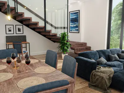 Realistic Room living and dining with stairs 3D model