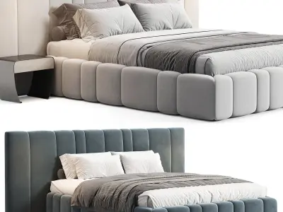 Areli Gray Blue Velvet Luxury Wide Headboard Bed  3D model