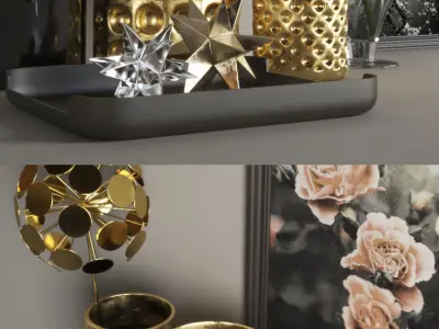 set1137 gold vases and flowers on table 3D model