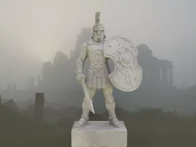 Stylized Ancient Greek Warrior Stone Statue Axe Shield Low-poly 3D model