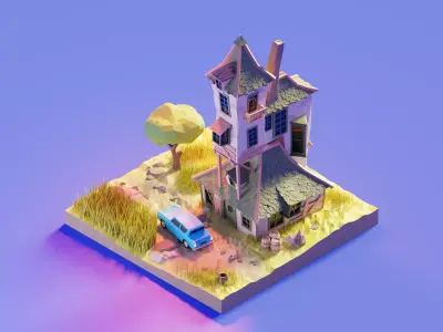 Isometric House with car  Low-poly 3D model