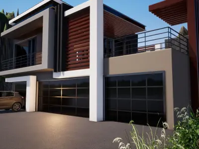 Garage modern house with car parked in front 3D model