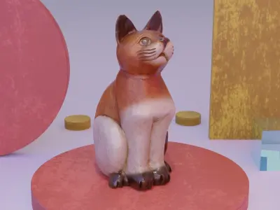 Cat wood statue 01 high-poly 3D model