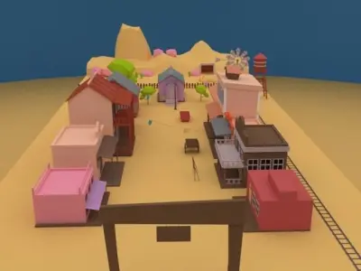 low poly city town in desert 3D model