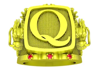 Luxury Letter Q Dragon Signet Ring 3D Model for Men Jewelry 4398 3D print model