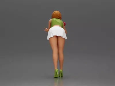Woman in green top and white skirt washing car with sponge 3D print model