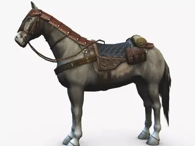 Horse with saddle armor and backpack Low-poly 3D model