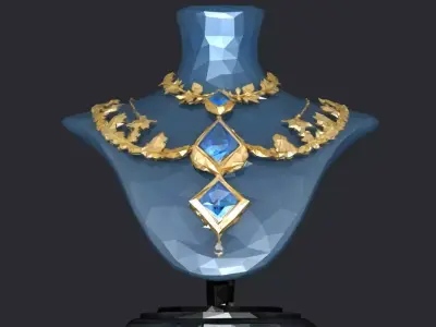 Gold Necklace with blue diamonds and jewellery necklace stand  3D model