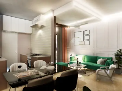 Modern 2BHK Flat Interior  with Contemporary Furniture  Low-poly 3D model
