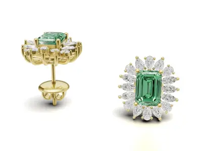 Emerald Gemstone With Surround Diamond Design Stud For Women 3D print model