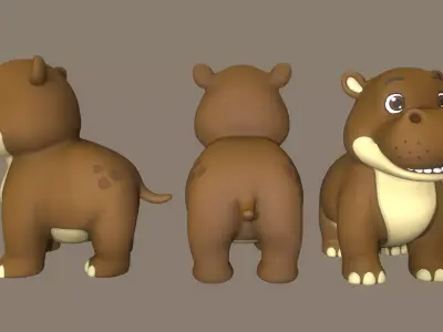 Rigged Cute Playful Brown Hippo Low-poly 3D model