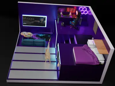 Isometric Neon Gaming Room 3d Model Low-poly 3D model