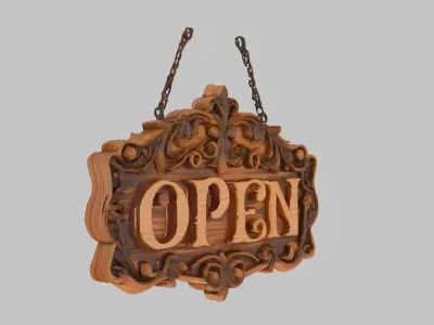 Ornate Wooden Open Sign 3D Model Low-poly 3D model