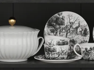 Dishes 3 china and silverware on shelf 3D model