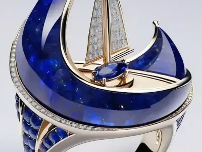 Luxury Sailboat Ring 3D Blue Gem Waves Diamond Sails Low-poly 3D model